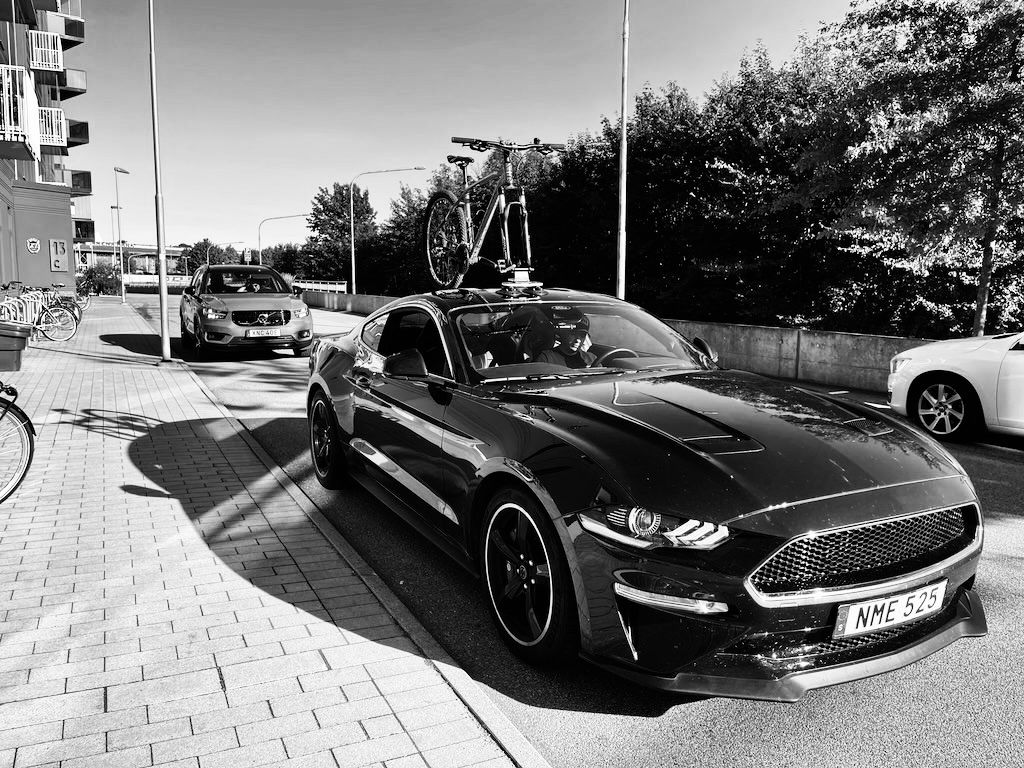 Ford Mustang with a bike on a SeaSucker rack